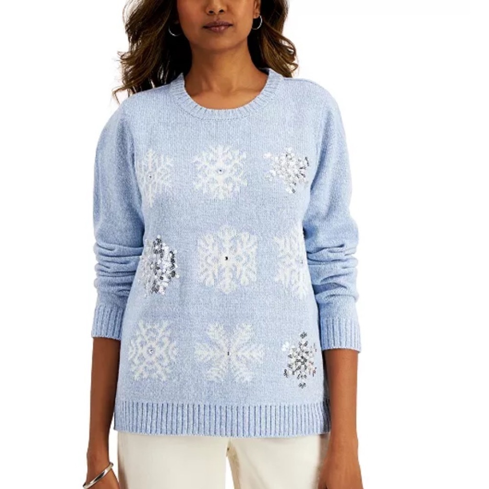 Karen Scott Embellished Snowflake Sweater light blue with white and silver PL